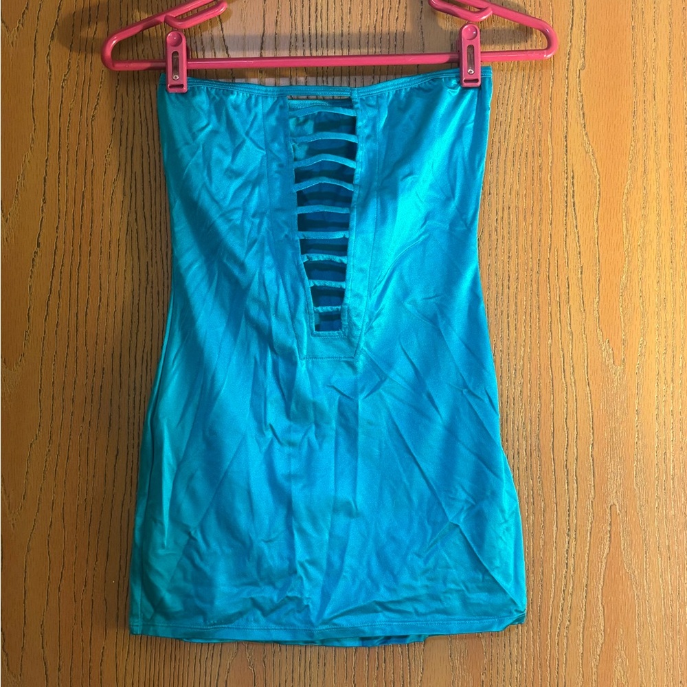 Blue Strapless Top with Cutout Design